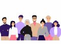 Corporate portrait of office workers and employees flat vector illustration. Cartoon happy business team, colleagues standing together. Staff and professionals concept