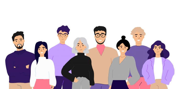 Corporate portrait of office workers and employees flat vector illustration. Cartoon happy business team, colleagues standing together. Staff and professionals concept