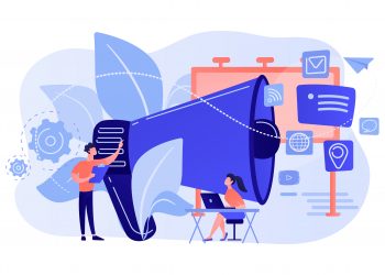 Marketing team work and huge megaphone with media icons. Marketing and branding, billboard and ad, marketing strategies concept on white background. Pink coral blue vector isolated illustration