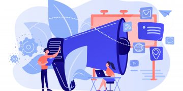 Marketing team work and huge megaphone with media icons. Marketing and branding, billboard and ad, marketing strategies concept on white background. Pink coral blue vector isolated illustration